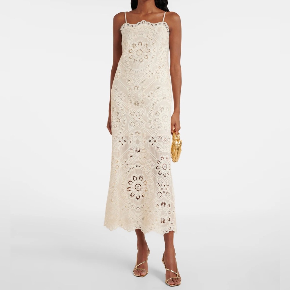 ZIMMERMANN Rhiannon Ivory Embroidered Cotton Midi Dress Size 0 Small S